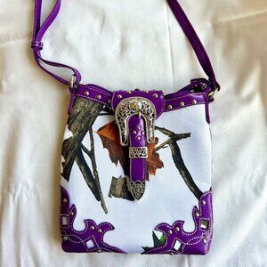 Cowgirl Trendy Crossbody White & Purple Patent Purse with Leaf & Branches
